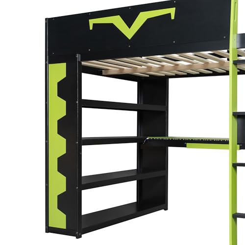 Merax Gaming Loft Bed with Integrated Desk & RGB LED Lights, Pro-Gamer Bed with Power Outlet, Large Bookshelf, Pegboard, Keyboard Tray & Storage Drawer, 3 Colors Available, Full Size, Green