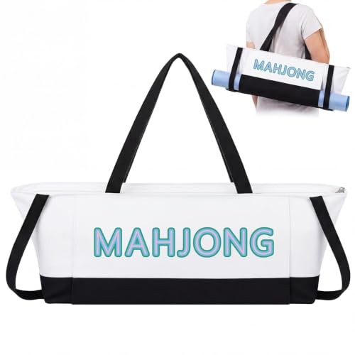 Abbylike 28x9 Inches Mahjong Bag for Rolled Mat Tiles Racks Pushers Accessories Empty Mahjong Tote Bag with Zipper Closure Outer Pockets Lining Large Capacity(Natural White&Black,Canvas) - color: Natural White&black