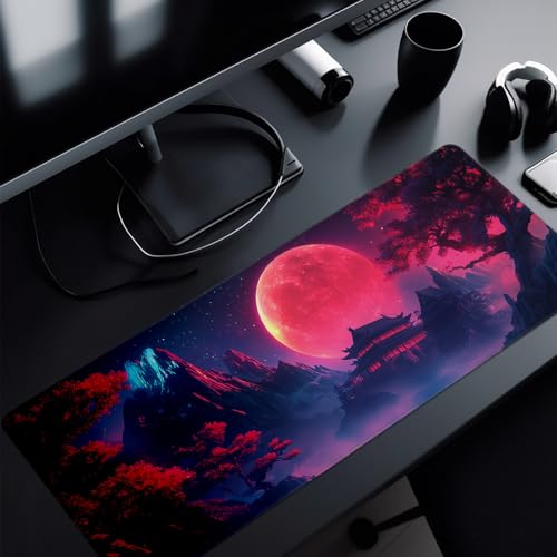 Darkness Red Moon Mouse Pad Abstract Red Mouse Pad 31.5x11.8 Inch Non-Slip Rubber Base Large Mousepad Stitched Edges Keyboard Mouse Mat Desk Pad for Office and Home(3) - color: Darkness Red Moon 3