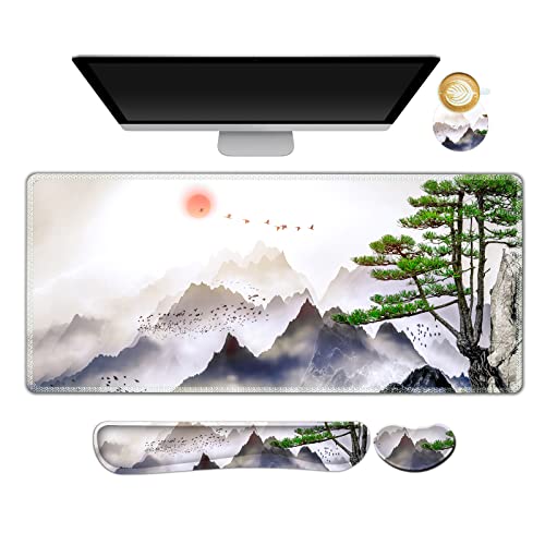 AIMSA Large Gaming Mouse Pad Set, Keyboard Wrist Rest Support + Extended Mouse Pad + Mouse Wrist Cushion + Coaster, Ergonomic Memory Foam Desk Mat 35x15.7in Anti-Slip Base (Pine Tree Mountains) - color: Pine Tree Mountains