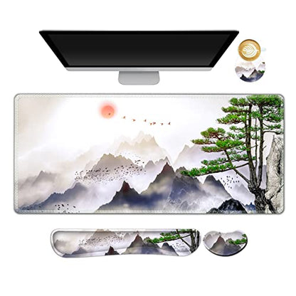 AIMSA Large Gaming Mouse Pad Set, Keyboard Wrist Rest Support + Extended Mouse Pad + Mouse Wrist Cushion + Coaster, Ergonomic Memory Foam Desk Mat 35x15.7in Anti-Slip Base (Pine Tree Mountains) - color: Pine Tree Mountains