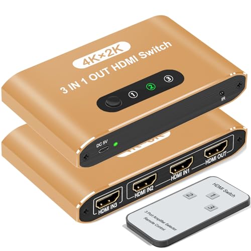 HDMI Switch 3 in 1 Out, 4K@60Hz HDMI Splitter with Remote Control, 3 Ports HDMI Switcher, Perfect for Full HD 4K 1080P 3D Video Roku Fire TV Blu-ray Players Stick Apple PS4/PS5 Xbox Chromecast (Gold) - color: Gold