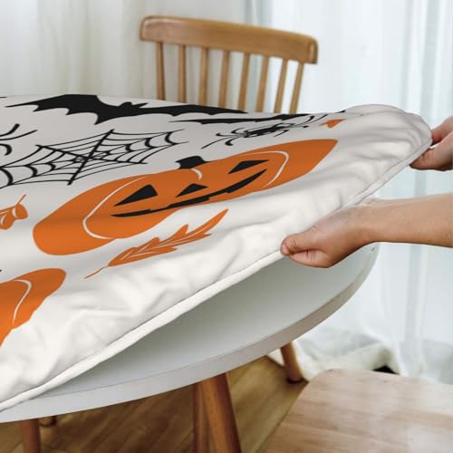 Famame Halloween Spider Webs Pumpkins Round Fitted Tablecloth with Elastic Protector Table Kitchen Dinner Waterproof Oil-Proof Table Covers Fits 40"-44", Small - color: Halloween Spider Webs Pumpkins, size: Small (40"-44")