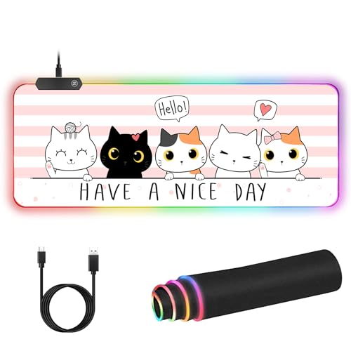 RGB Large Gaming Mouse Pad, Extended Mouse Pad with 12 Lighting Effects, Water Proof Mutispandex Surface, Non-Slip Rubber Base, 80x30 cm / 31.5×11.8 in (Cat) - color: Cat