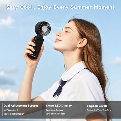 Handheld Portable Turbo Fan with Ice Cooling,5 Speed Rechargeable LED Display Foldable Hand Held Personal Clip/Neck/Waist Fan,180°& 360° Adjustable,Pocket Mini Fan for Outdoor/Home/Office (Black) - color: Black