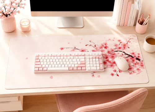 Cherry Blossom Desk Mat, Large Pink Sakura Mouse Pad with Stitched Edges, Non-Slip Rubber Base, 31.5 x 11.8 Inch - color: Pink Cherry Blossom