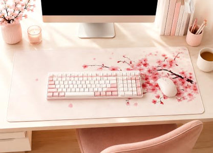Cherry Blossom Desk Mat, Large Pink Sakura Mouse Pad with Stitched Edges, Non-Slip Rubber Base, 31.5 x 11.8 Inch - color: Pink Cherry Blossom