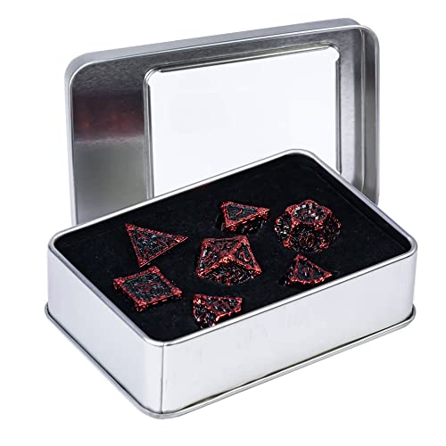 Cusdie 7Pcs Metal Dice with Metal Box, Dagger Design Polyhedral DND Dice Set, for Role Playing Game D&D Dice (Black with Red Font) - color: Black With Red Font