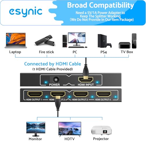 eSynic Professional HDMI Splitter 1 in 4 Out 4K@30HZ 4 Way HDMI Adapter 4k HDCP 1.4 Hdcp Bypass Splitter Plug&Play for Fire Stick PS4 Blu-ray Player etc[No Extend Mode][No Switcher][No CEC] - size: 1 In 4 Out