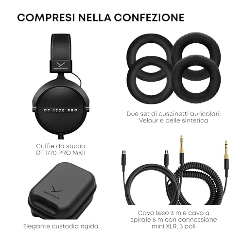 beyerdynamic DT 1770 PRO MKII Wired Over-Ear Headphones, 30 Ohm, Closed-Back Professional Recording Studio Monitor. 2 Detachable Cables, Velour & Leatherette Ear Pads, Handmade in Germany. Black