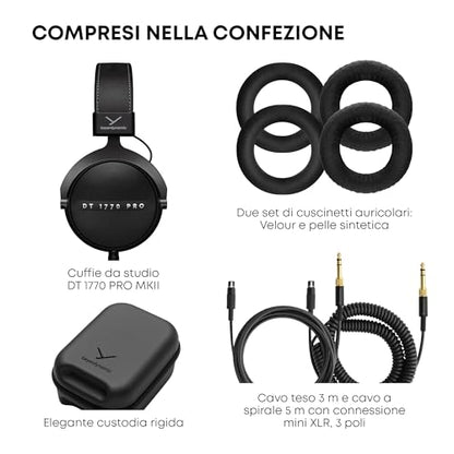 beyerdynamic DT 1770 PRO MKII Wired Over-Ear Headphones, 30 Ohm, Closed-Back Professional Recording Studio Monitor. 2 Detachable Cables, Velour & Leatherette Ear Pads, Handmade in Germany. Black