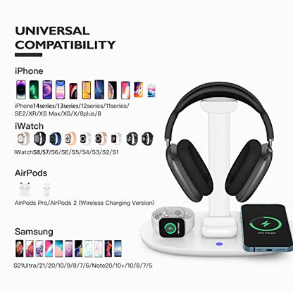 Headphone Stand with 15w Wireless Charger, Suguder 4 in 1 Charging Station Headset Holder for AirPods Max/Pro/4/3/2 iWatch 10/9/8/7/6/5/4/3/2/1/SE iPhone 17/16/15/14/13/12/11/X for Desktop Table Game | 4 in 1 15w Charging Station Headset Holder for AirPod