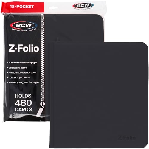BCW 12-Pocket Zipper-Folio LX Trading Card Binder (Black) | Card Collection Binder with 480 Card Capacity | Archival Safe Pages | Secure Wrap-Around Zipper | Pocket Trading Card Holder Album - color: Black