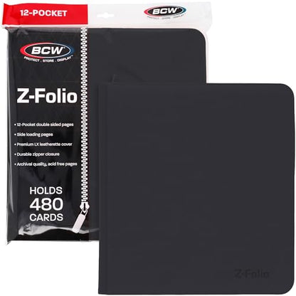 BCW 12-Pocket Zipper-Folio LX Trading Card Binder (Black) | Card Collection Binder with 480 Card Capacity | Archival Safe Pages | Secure Wrap-Around Zipper | Pocket Trading Card Holder Album - color: Black