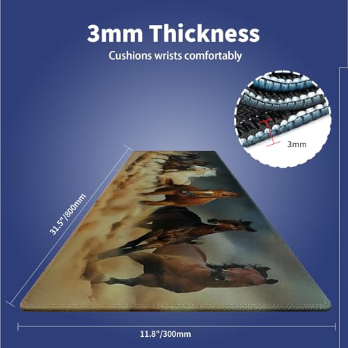 Galloping Horses in The Sand Large Mouse Pad, Magnificent Scene Desk Mat | Running Animals Equine Themed, 31.5" x 11.8", XXL Gaming/Office Durable Stitched Keyboard Mat, Smooth, Anti-Slip Base - color: Galloping Horses