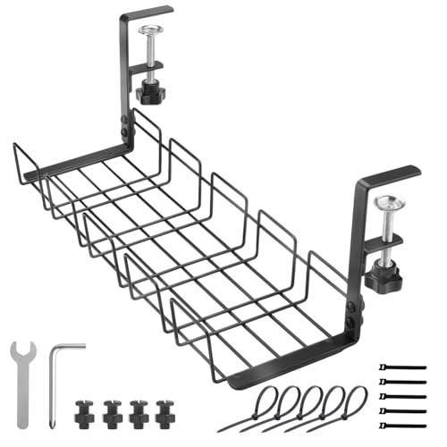 Under Desk Cable Management Tray, 15.7'' Metal Wire Organizer with Clamp, No Drill Desk Cord Rack for Cable Management, Computer Wire Organizer for Office and Home – Sturdy & Scratch-Free - color: Black