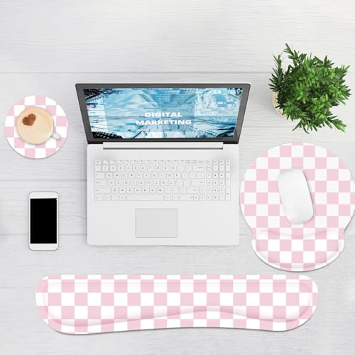 Ergonomic Mouse Pad with Wrist Rest and Keyboard Wrist Rest, Mousepad and Wrist Rest for Computer Keyboard, Pain Relief, Non-Slip Base, Mouse Pad with Wrist Support for Gaming, Office, Pink Checkered - color: Pink Checkered