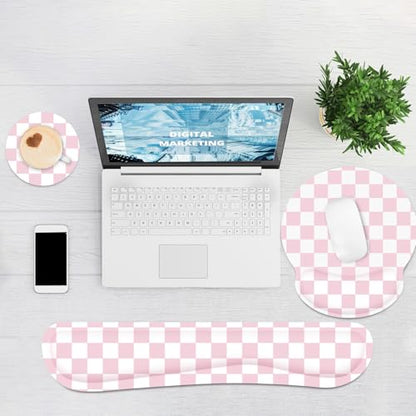 Ergonomic Mouse Pad with Wrist Rest and Keyboard Wrist Rest, Mousepad and Wrist Rest for Computer Keyboard, Pain Relief, Non-Slip Base, Mouse Pad with Wrist Support for Gaming, Office, Pink Checkered - color: Pink Checkered