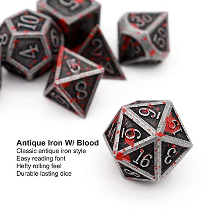 Haxtec Bloodstained Metal DND Dice Set Blood Polyhedral D&D Dice with Leather Dice Bag Compatible with Dungeons and Dragons Gift for DND Lovers TTRPG DM Masters Antique Metal Halloween Dice - color: Iron Red