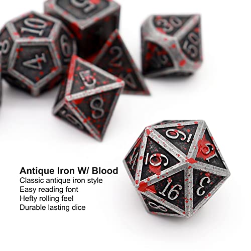 Haxtec Bloodstained Metal DND Dice Set Blood Polyhedral D&D Dice with Leather Dice Bag Compatible with Dungeons and Dragons Gift for DND Lovers TTRPG DM Masters Antique Metal Halloween Dice - color: Iron Red