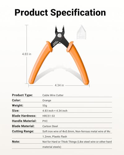 VCELINK Small Wire Cutter, Micro Precision Flush Cutter, 5-Inch, Orange | Spring-loaded Flush Cutter. Carbon Steel HRC51-53. For Electronics, Jewelry, Zip Ties. - color: Orange