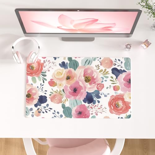 Faux Leather Large Mouse Pad, Office Desk Mat, 23.6"x13.8", Pink Floral | Desk Décor Accessories, Extended Size, Waterproof & Easy to Clean, Smooth Surface, Non Slip Desk Organization - color: Watercolor Pink Flower, size: 23.6L x 13.8W inches