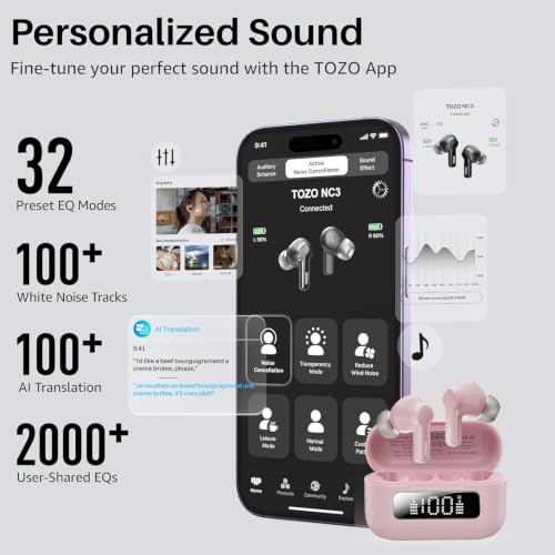 TOZO Hybrid Active Noise Cancelling Wireless Earbuds 6 Mics AI Clear Call | 68H Playtime LED Display 32 Preset EQs App Bluetooth 5.3 IPX8 Waterproof Ear Buds - color: Rose Gold