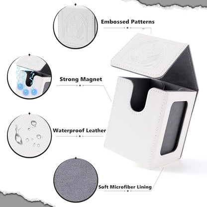 Angel Themed MTG Deck Box with Commander Display (White and Grey) | Holds 120 Single/100 Double-Sleeved Cards, Fit MTG/PTCG/OPTCG Cards, Strong Magnet, PU Leather, With 2 Dividers & 1 Toploader - color: Angel