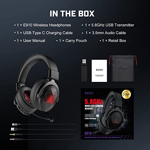 EKSA E900X 5.8G Wireless Gaming Headset with Micphone for PC PS4, PS5, Computer, Laptop - Dual Mic ENC Call Noise Cancelling Headphones - 7.1 Srround Sound - Over Ear Headphones for TV, Music, Meeting