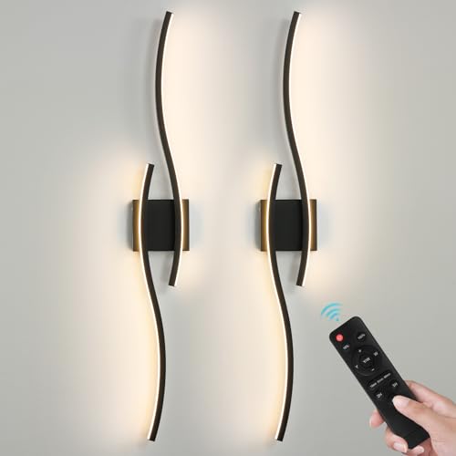 Black Battery Operated Wall Sconces: 39.3 Inch Rechargeable Sconce Set of Two with Remote Control/3 Colors/10-100% Dimming/Timer, Modern Wall Lighting for Bedroom Living Room Hallway Bathroom, 2 Pcs - color: Black, size: 39 Inch