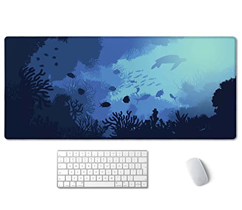 SSOIU Blue Ocean Big Turtle Desk Mat, Under The Sea Peaceful Extra Large Mouse Pad, Extended Gaming Mat 35.5" X 15.7", Large Non-Slip Rubber Base with Stitched Edges - color: Blue Ocean Big Turtle