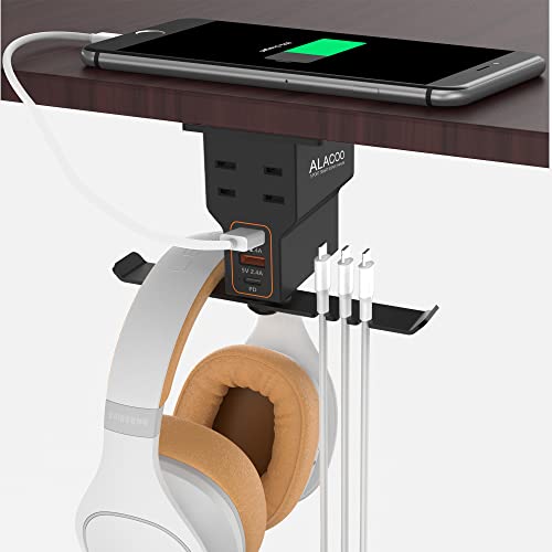 Multi-Function Desk Headphone Hanger Hook Gaming Office | 2 USB, 1 Type-C, 2 AC Outlets Desk Hook Holds Headsets & Purses, Practical Accessory for Gaming, Office, Home and Great Gift - color: Black