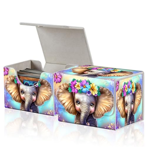 for MTG Commander Deck Box,Card Deck Box for Trading Yugioh MTG,Fits 100 Double Sleeved Cards,PU Leather Strong Magnet Case for Magic Commander TCG CCG,Cute Elephant Flower - color: Cute Elephant Flower