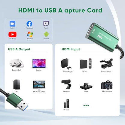 Video Capture Card, 4K HDMI to USB 3.0 Capture Card,1080P 60FPS Capture Card for Streaming, Gaming, Compatible with IPad Windows Android Mac OS Switch 2/Xbox/PS5/4/Camera/Zoom/OBS(Green)