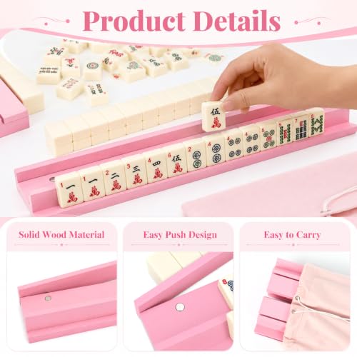 5Pcs Mahjong Racks with Pushers Wooden American Mahjong Tile Pushers and Racks Set with Mah Jong Rack Drawstring Bag Mah Jong Accessories for Players Gifts Home Game Night Party Supplies (Pink) - color: Pink