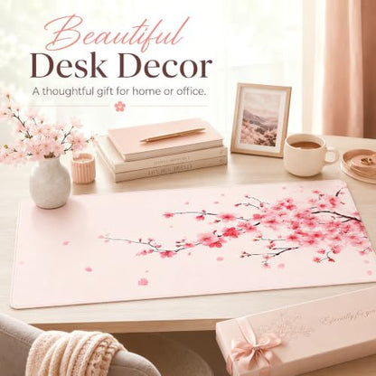 Cherry Blossom Desk Mat, Large Pink Sakura Mouse Pad with Stitched Edges, Non-Slip Rubber Base, 31.5 x 11.8 Inch - color: Pink Cherry Blossom