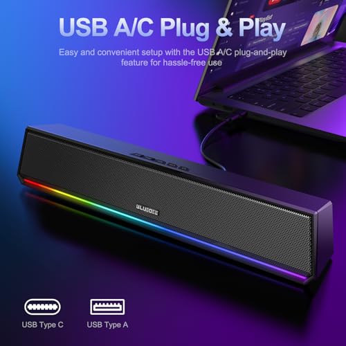 Bluedee Computer Speakers for Desktop PC, Bluetooth & USB PC Sound Bar RGB | USB-A/C Audio and Power, 10W PC Speakers, Wired Plug-and-Play, Desktop Speakers for PC, Laptops, Tablet