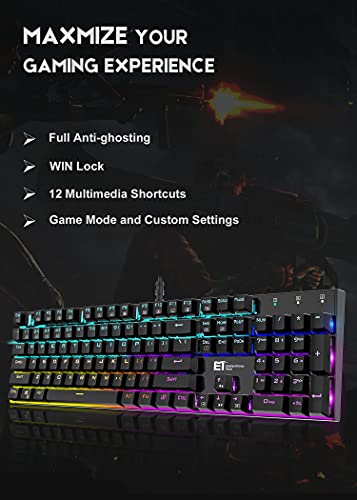 TDT Mechanical Gaming Keyboard,Wired 104 Keys RGB Keyboard with Blue Switch, Programmable RGB Backlit for Windows Gaming PC