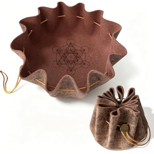 Leather Dice Tray with Metatron Printed, 2-in-1 Collapsible Dice Rolling Tray & Drawstring Pouch, Portable Dice Bag for Tabletop Games, Rune Crystal Holder & Jewelry Storage - color: Pcd05y
