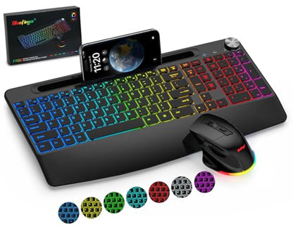 BlueFinger Wireless Keyboard and Mouse Combo Backlit, 2.4G Rechargeable Ergonomic Gaming Keyboard with Wrist Rest, Phone Holder, Volume Knob, Silent Light Up Keyboard with Mouse for Computer Laptop