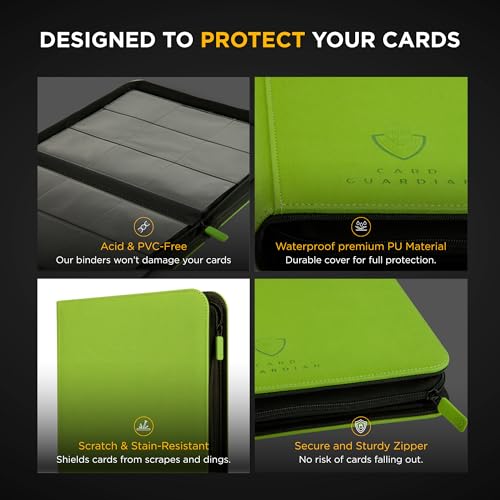 Card Guardian - 9 Pocket Premium Binder with Zipper for 360 Cards Trading Card Games TCG (Lime Green) - Side Loaded Pockets - Compatible with Yugioh Cards MTG Binder Sports Card Binder - color: Lime Green