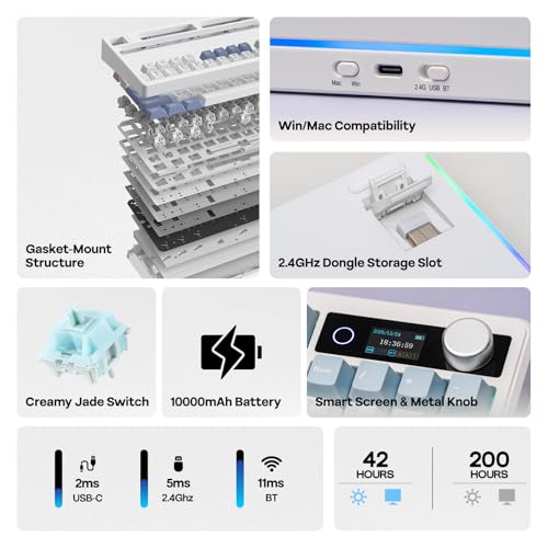 EPOMAKER TH99 PRO 96% Mechanical Keyboard with Screen & Knob, 10000mAh, 2.4Ghz/BT, Hot Swap, Custom Driver, RGB Backlight, PBT Keycap, Wireless Gaming Keyboard for PC/Mac (Blue&White, Creamy Jade) - color: Blue&White, size: Creamy Jade