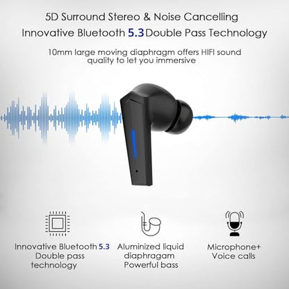 Wireless Earbuds, Yi-shaney Bluetooth 5.2 Bass Sound Headphones Gaming Earphones with Touch Control, Noise Cancelling Waterproof Headset with Mic, 18H Play Time, 65ms Low Latency (Black)