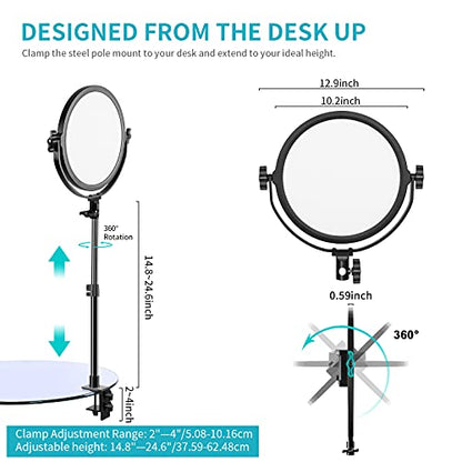 GVM Desk Mount LED Video Light, 10'' Round Key Light with Built-in Diffuser and LCD Display, Bi-Color Professional Light for Game/Studio/Streaming/YouTube Video Shooting, APP Control CRI 97+