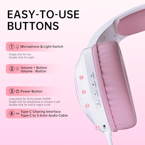 AOC Wireless Gaming Headset Compatible with ps5/4, PC, USB-C & Bluetooth 5.4 & 2.4GHz Gaming Headphones with Noise Canceling Mic, 7.1 Virtual Surround,20ms Latency, 45H, RGB- Pink - color: Pink