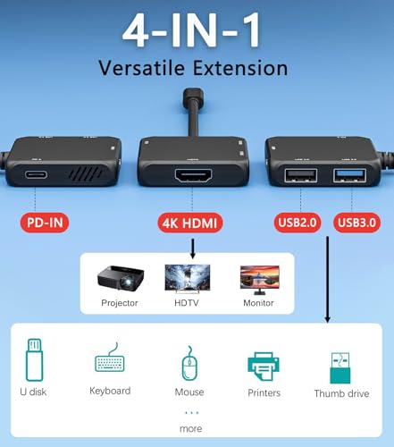 USB C Hub HDMI Adapter, 4-in-1 USB C to HDMI 4K Adapter with PD 100W, USB 3.0 5Gbps for MacBook, iPad Pro, XPS, Surface, TV Dock Station for Switch/Steam Deck Dock