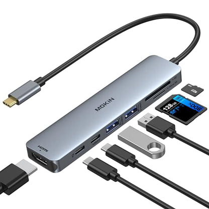 USB C Hub HDMI Adapter for MacBook Pro/Air, MOKiN 7 in 1 USB C Dongle with HDMI, SD/TF Card Reader, USB C Data Port,100W PD, and 2 USB 3.0 Compatible for MacBook Pro/Air, Dell XPS, Lenovo Thinkpad. - color: Space Gray
