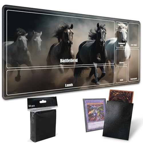 Board Game Mat TCG Playmat Plus 50 Pcs Card Sleeves, 24 x 14 inches Table Mats Games Mousepad with Zones Smooth Surface for MTG RPG CCG Trading Card Game Play Mats, Running Horse - color: Running Horse, size: Zone 1