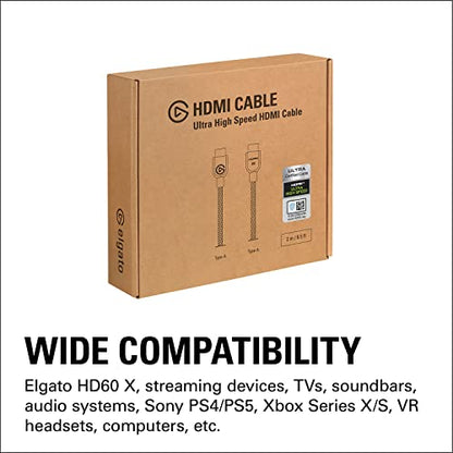 Elgato Ultra High Speed HDMI Cable, Certified 2.1 | 48 Gbit/s bandwidth, Supports 8K60 and 4K120, VRR and ALLM, eARC with Dolby Atmos, Braided jacket, 6.5ft length
