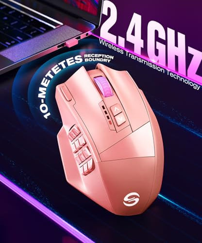 UtechSmart Venus Pro Wireless MMO Gaming Mouse, 16,000 DPI Optical Sensor, Wired/Wireless Dual Modes, 16M Chroma RGB Lighting, 16 Programmable Buttons, Ergonomic Design, Up to 70H, Pink - color: Pink